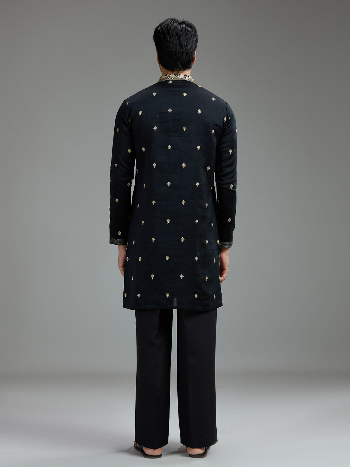 Black mens chanderi floral kurta suit