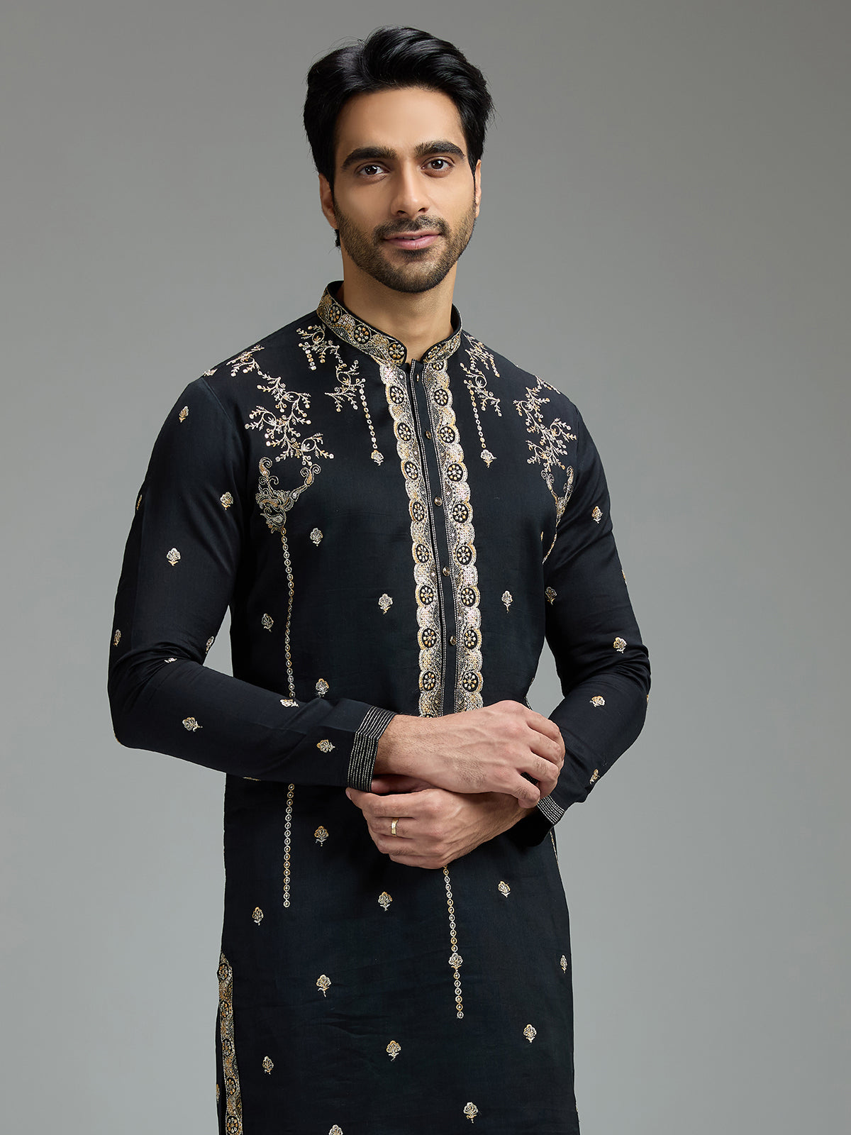Black mens chanderi floral kurta suit