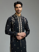 Black mens chanderi floral kurta suit