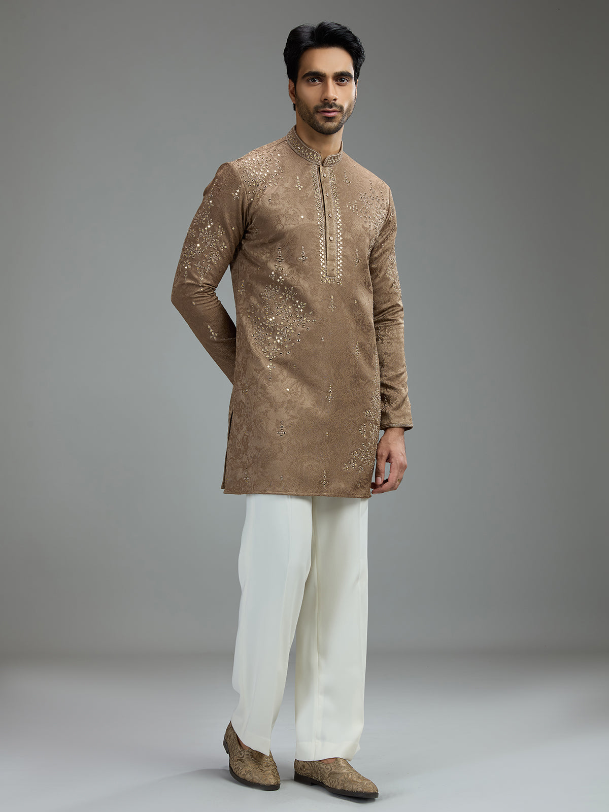 Taupe brown mens aabla embroidered kurta suit
