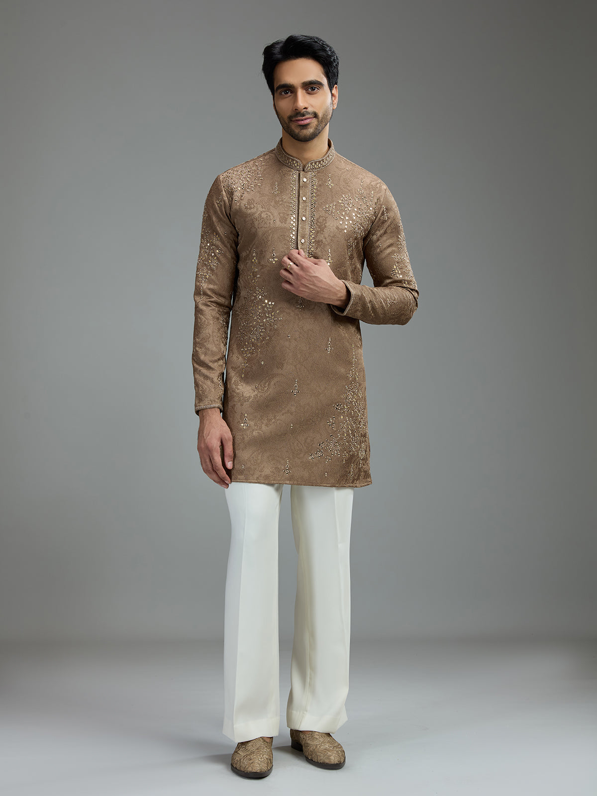 Taupe brown mens aabla embroidered kurta suit