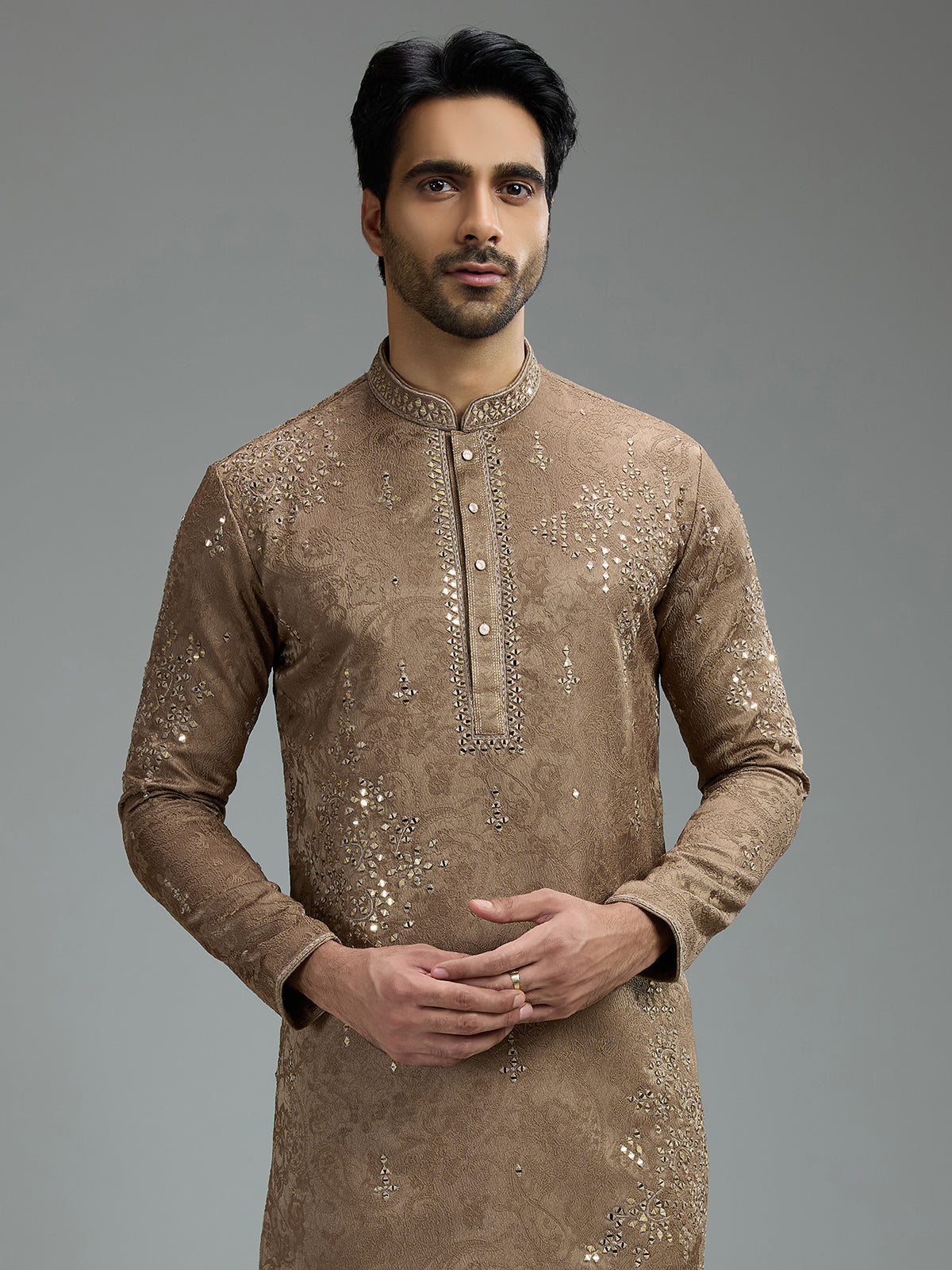 Taupe brown mens aabla embroidered kurta suit