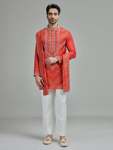 Coral orange mens chevron bandhani kurta suit
