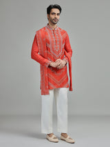 Coral orange mens chevron bandhani kurta suit
