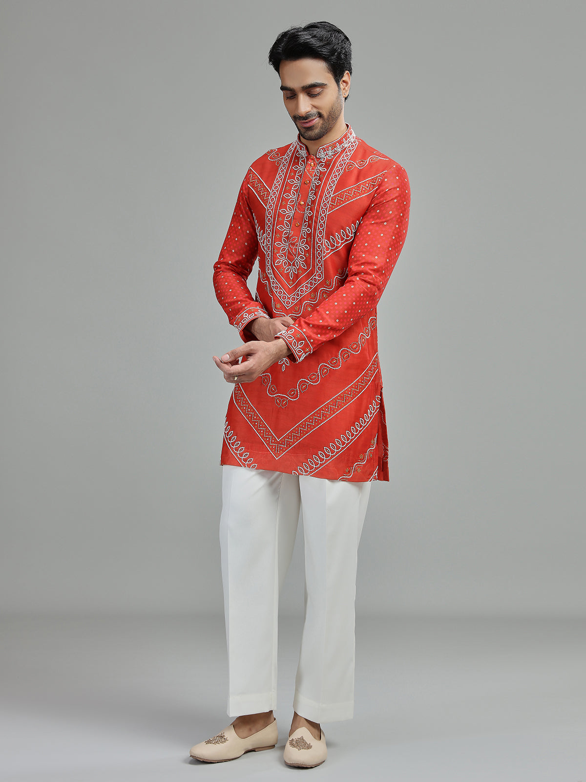 Coral orange mens chevron bandhani kurta suit