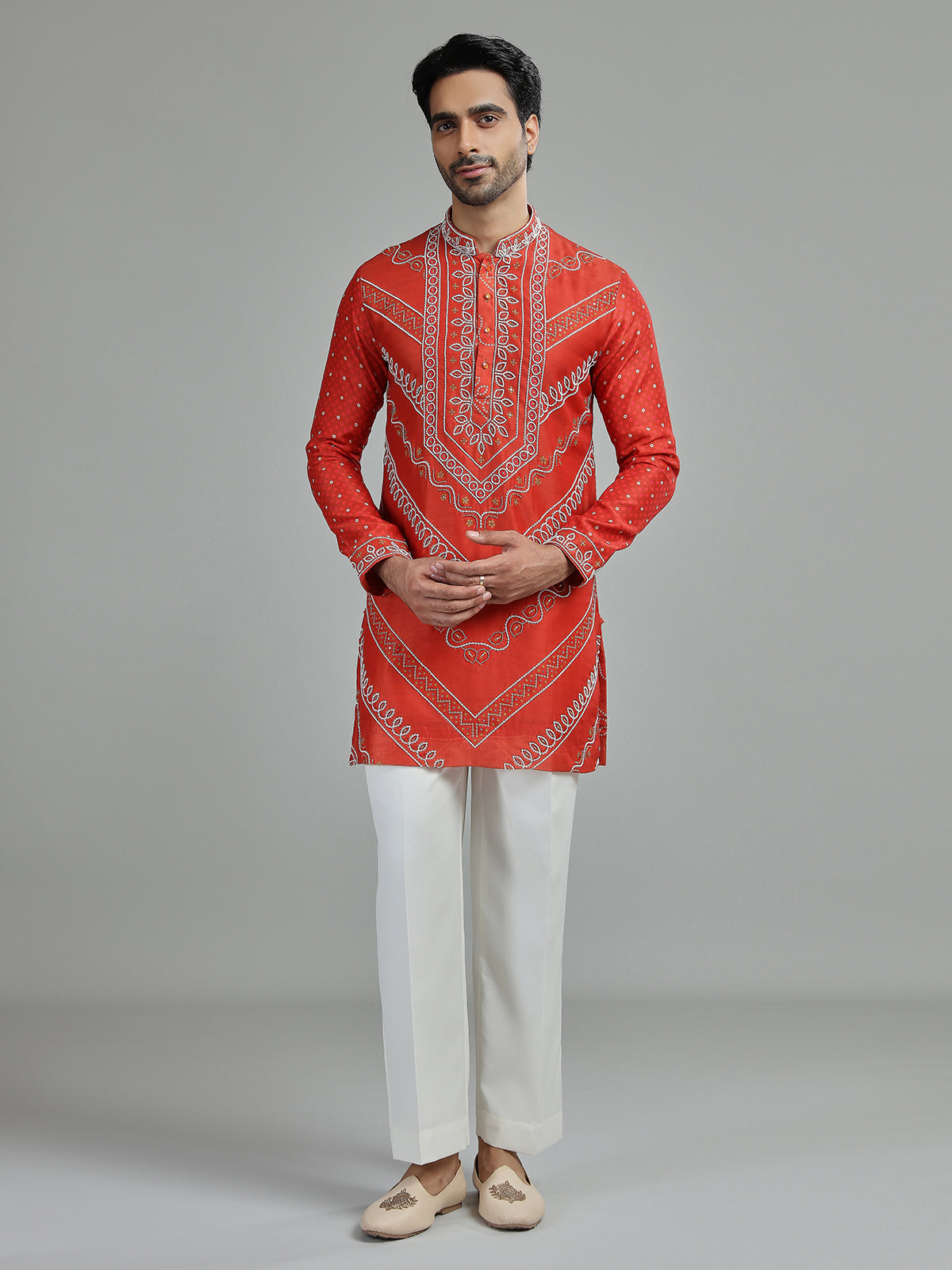 Coral orange mens chevron bandhani kurta suit