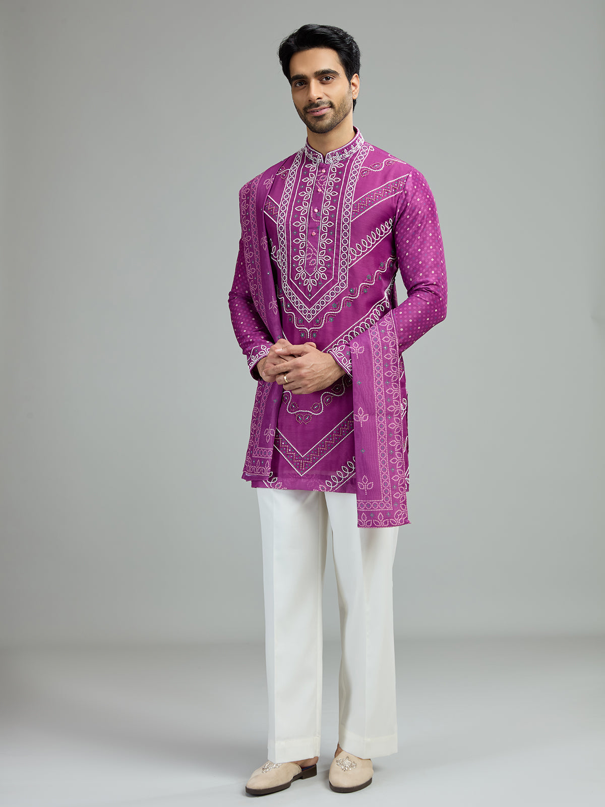 Deep purple mens chevron bandhani kurta suit