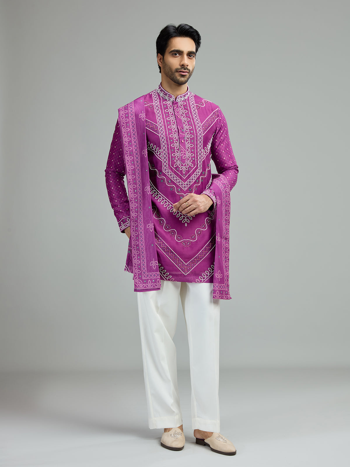 Deep purple mens chevron bandhani kurta suit