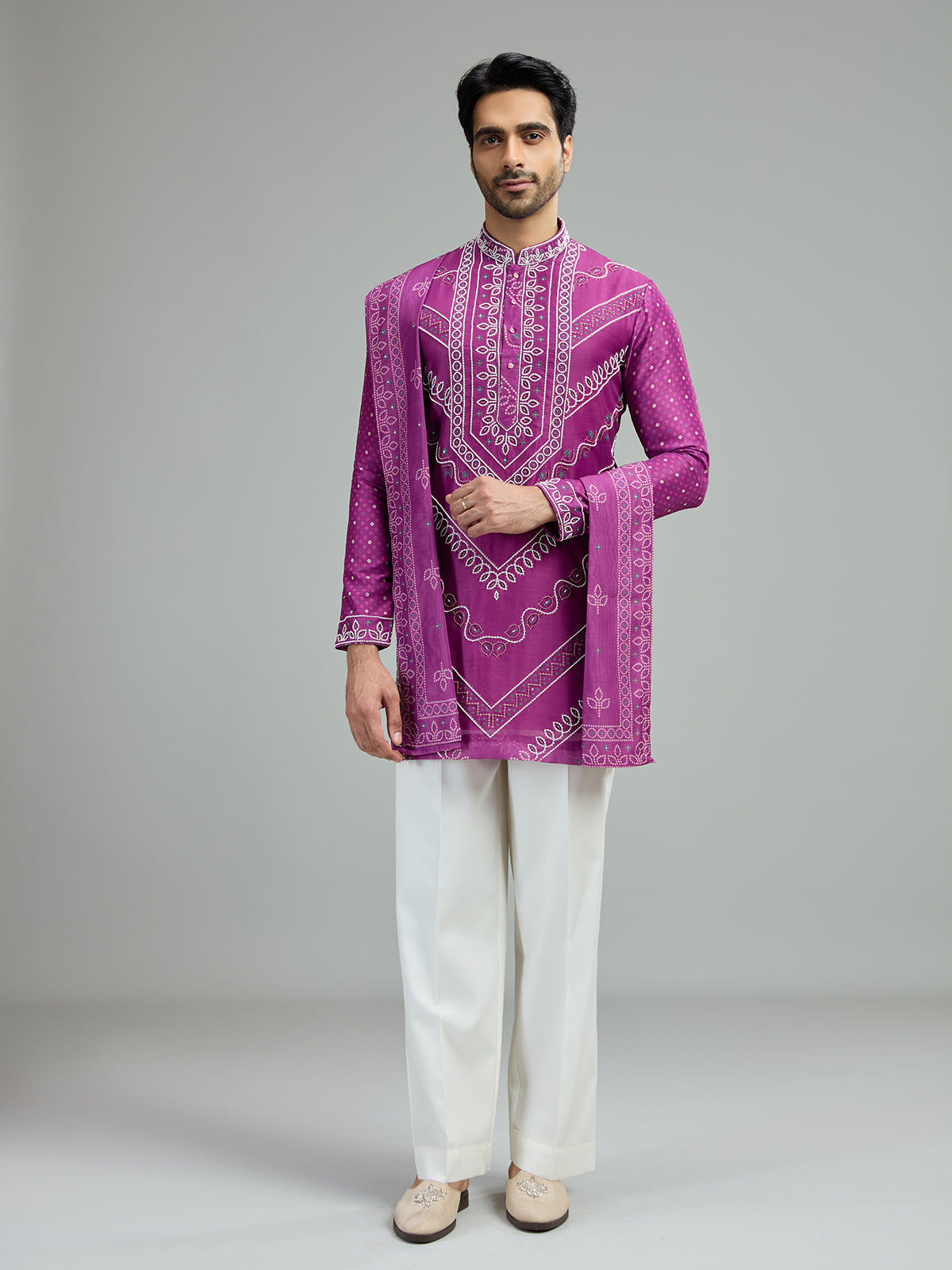 Deep purple mens chevron bandhani kurta suit