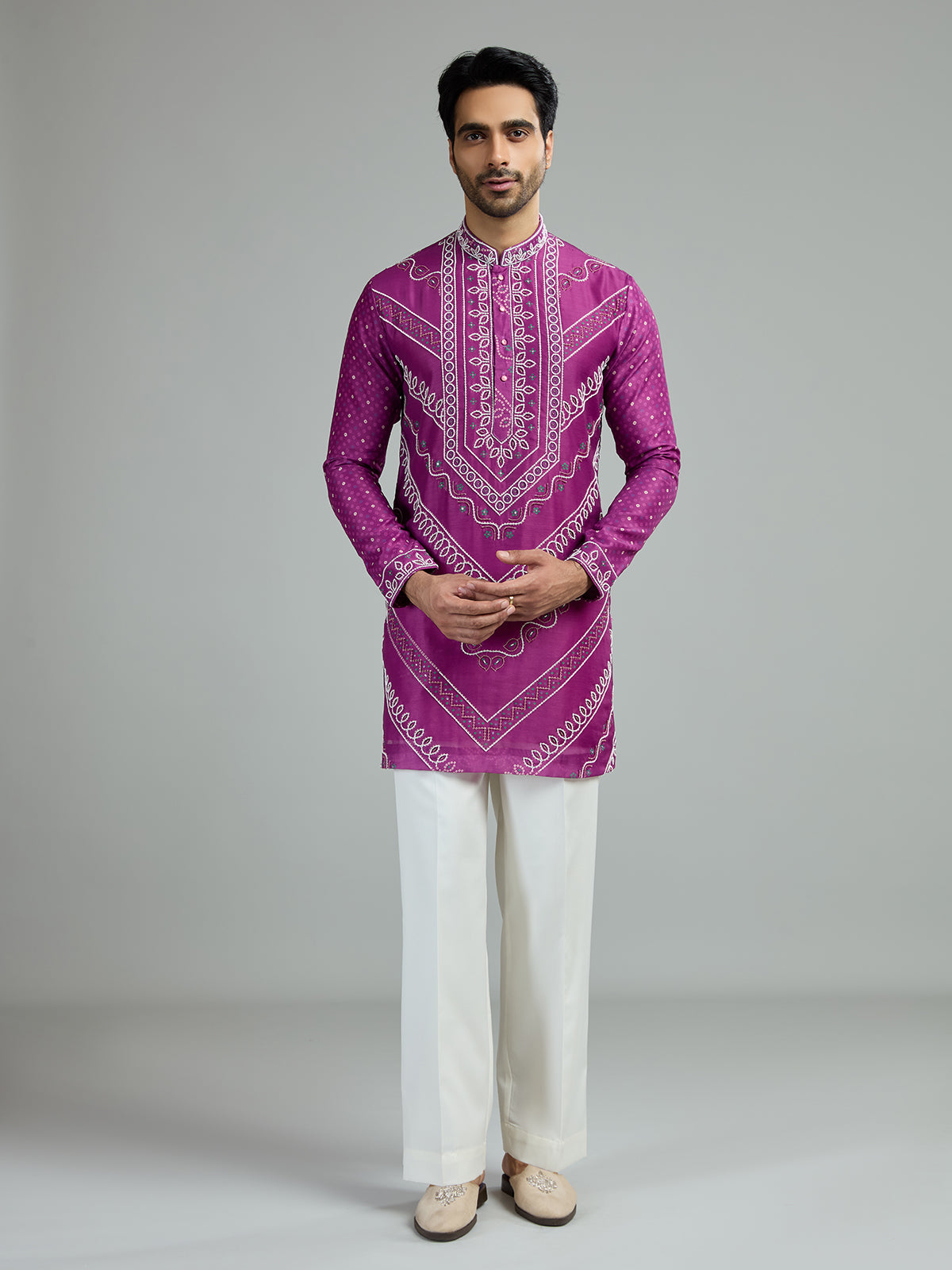 Deep purple mens chevron bandhani kurta suit