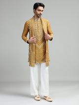 Mehendi mustard yellow mens festive bandhani kurta suit