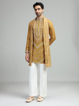 Mehendi mustard yellow mens festive bandhani kurta suit
