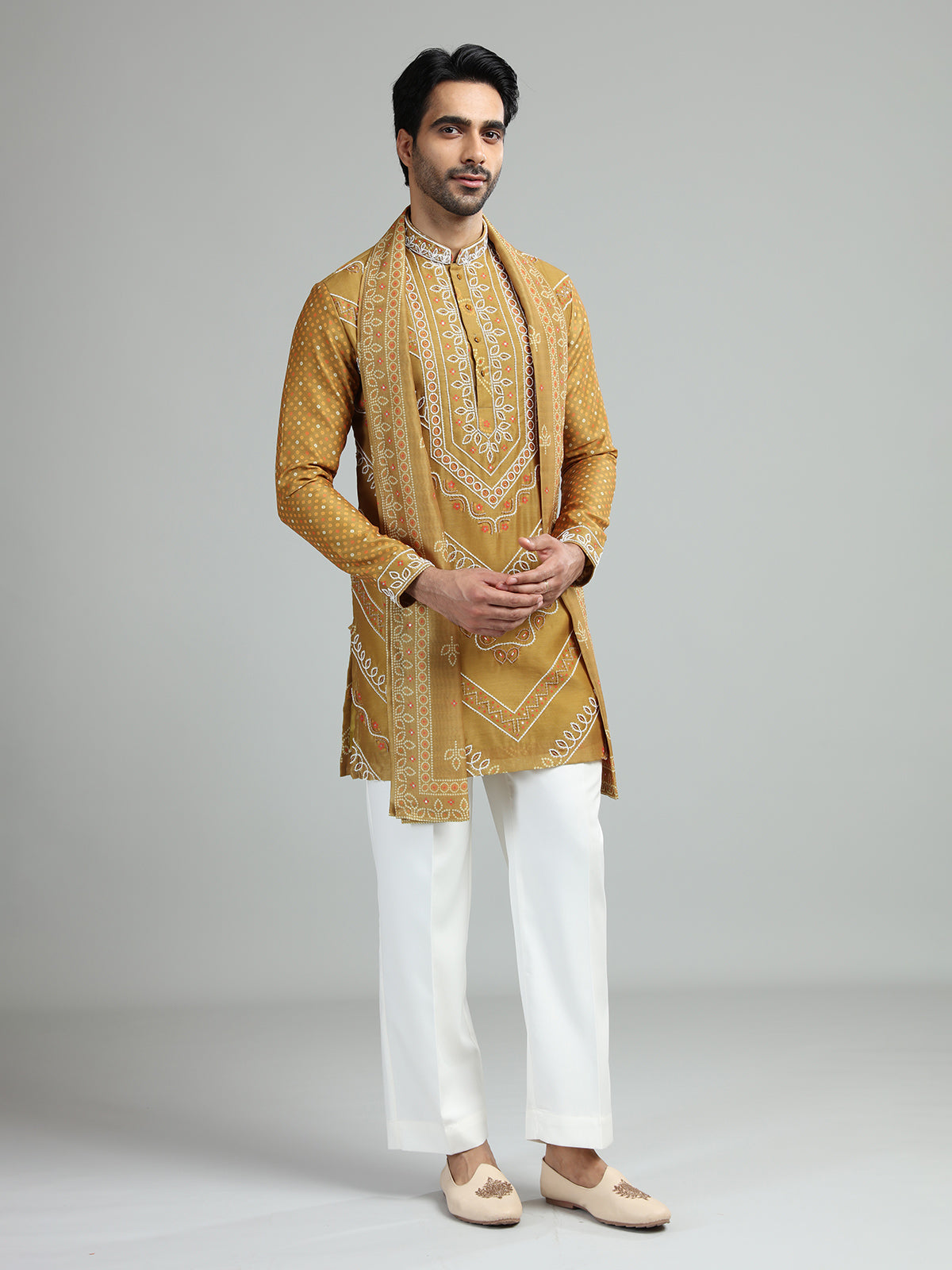 Mehendi mustard yellow mens festive bandhani kurta suit