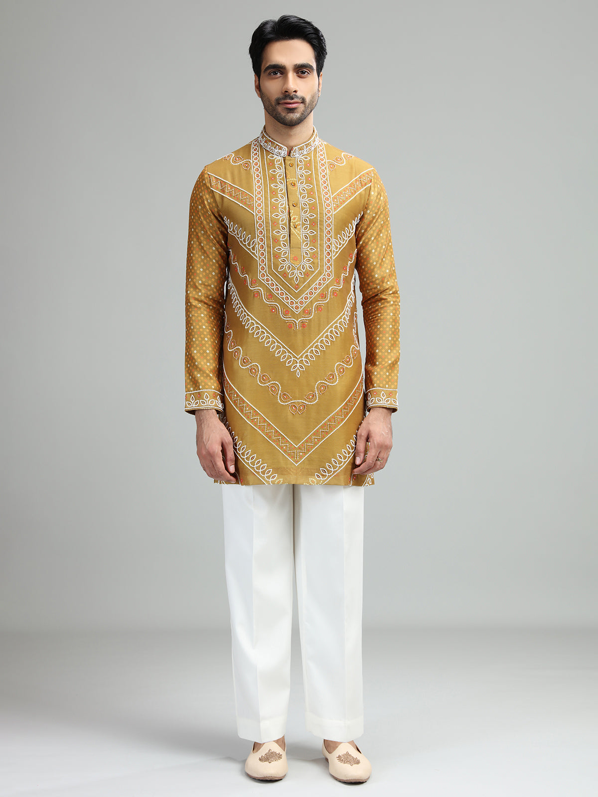 Mehendi mustard yellow mens festive bandhani kurta suit