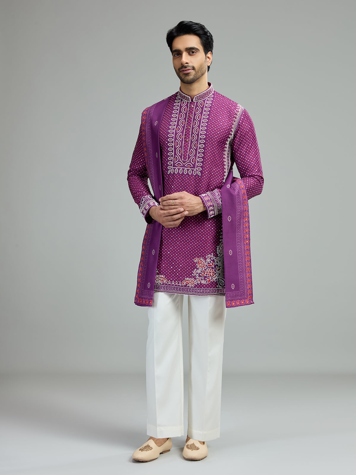 Plum purple mens mughal bandhani kurta suit