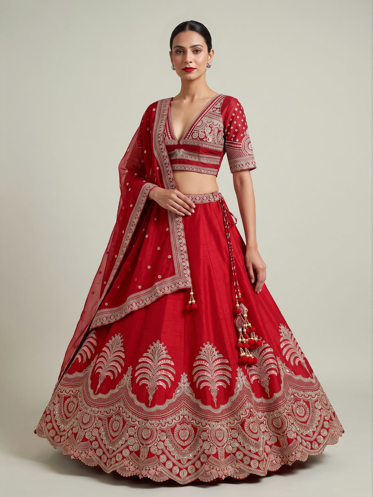 Red raw silk unstitched lehenga choli with intricate zardosi detailing