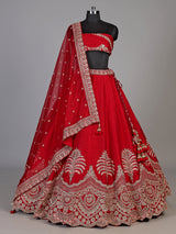 Red raw silk unstitched lehenga choli with intricate zardosi detailing