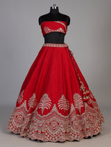 Red raw silk unstitched lehenga choli with intricate zardosi detailing