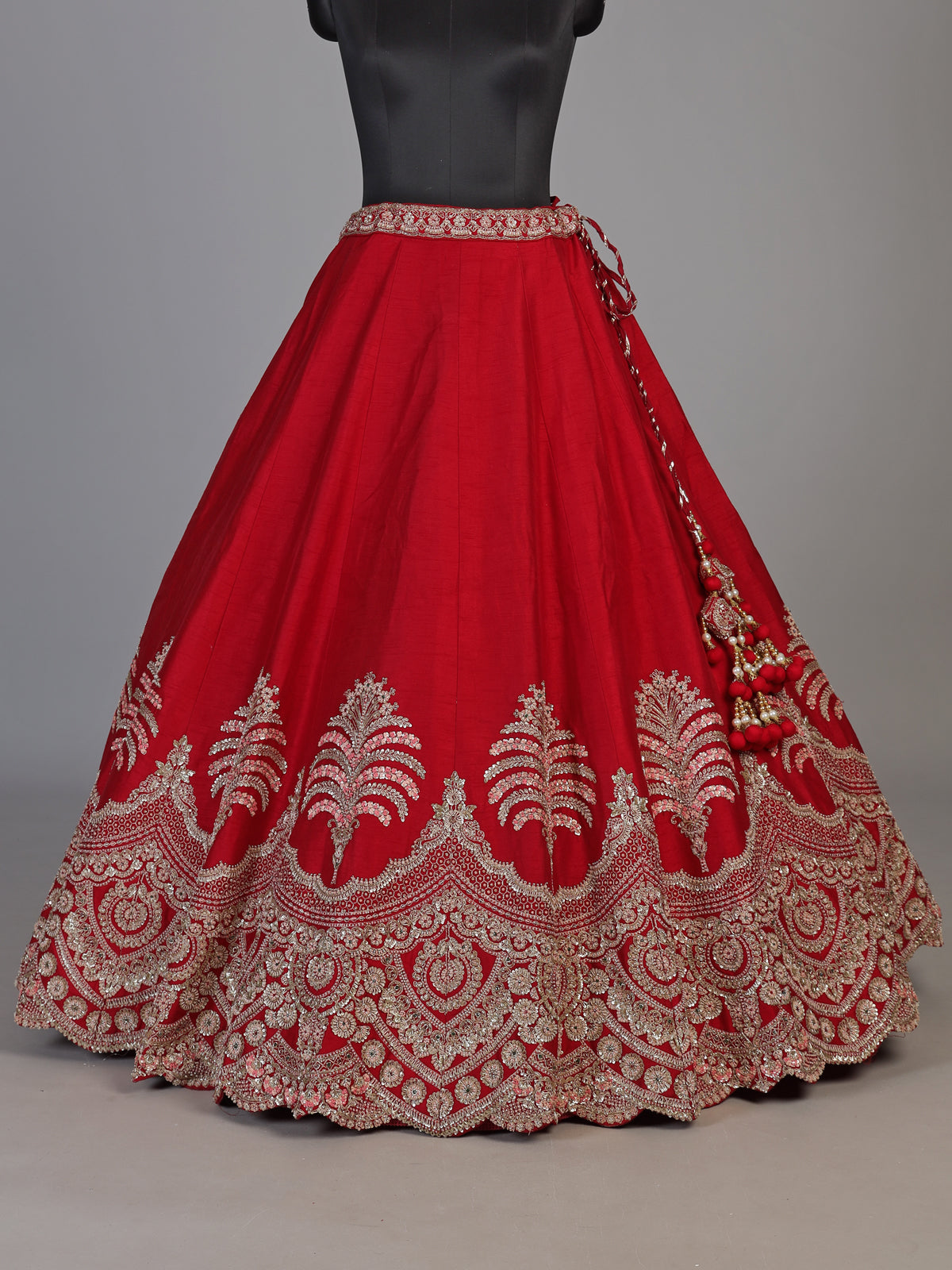 Red raw silk unstitched lehenga choli with intricate zardosi detailing