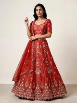 Deep rust orange silk unstitched lehenga choli with pearl zardosi work