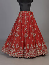 Deep rust orange silk unstitched lehenga choli with pearl zardosi work