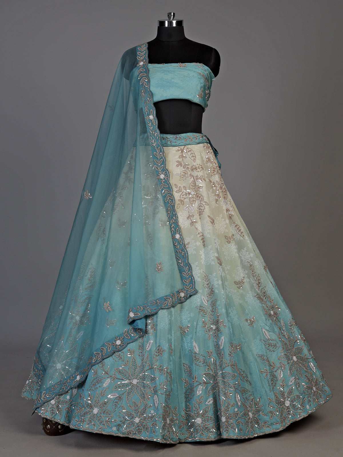 Sky blue shaded silk unstitched lehenga choli with zari shimmer