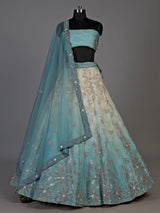 Sky blue shaded silk unstitched lehenga choli with zari shimmer