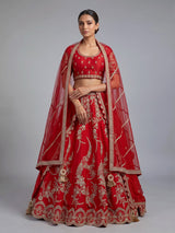 Red raw silk unstitched lehenga choli with luxurious double dupattas