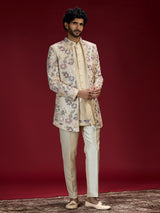 Beige embroidered bandhgala indo western for men