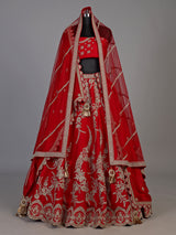 Red raw silk unstitched lehenga choli with luxurious double dupattas