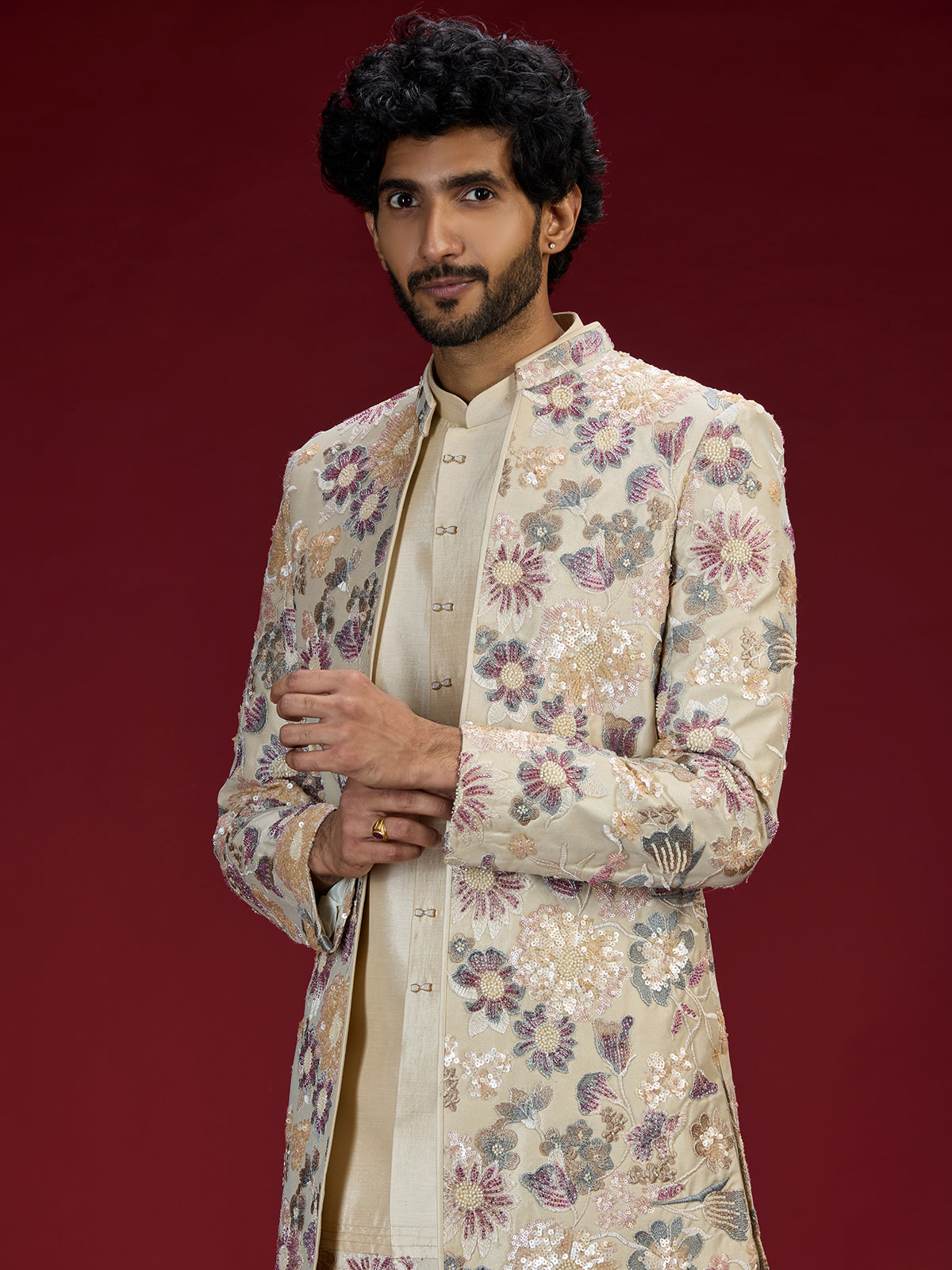Beige embroidered bandhgala indo western for men