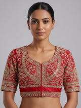 Red silk blend unstitched lehenga choli with pearl embellishments