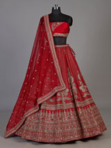 Red silk blend unstitched lehenga choli with pearl embellishments