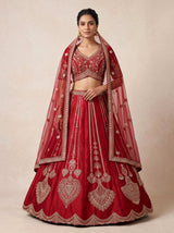 Maroon raw silk unstitched lehenga choli with resham double dupattas