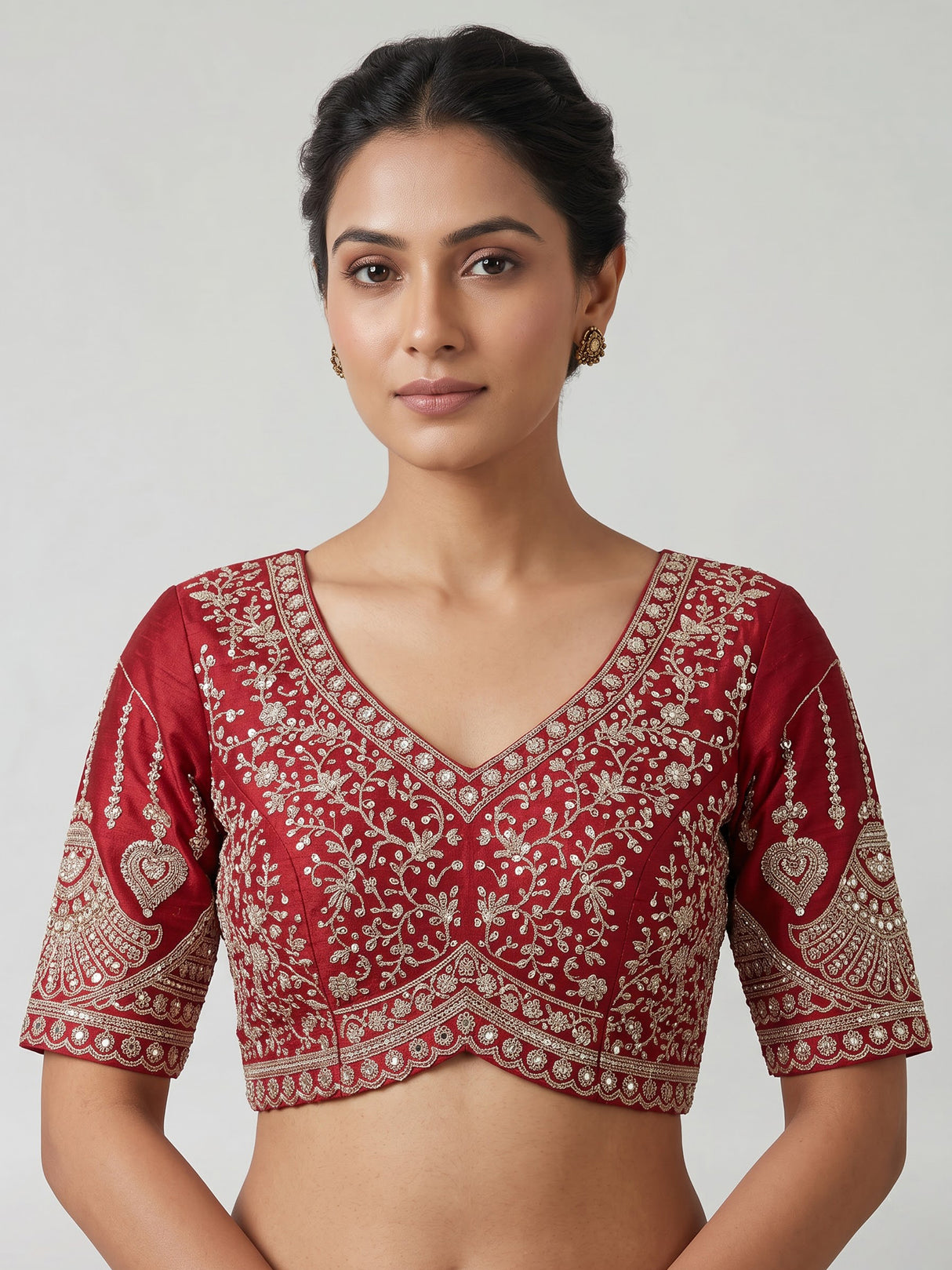 Maroon raw silk unstitched lehenga choli with resham double dupattas