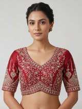 Maroon raw silk unstitched lehenga choli with resham double dupattas