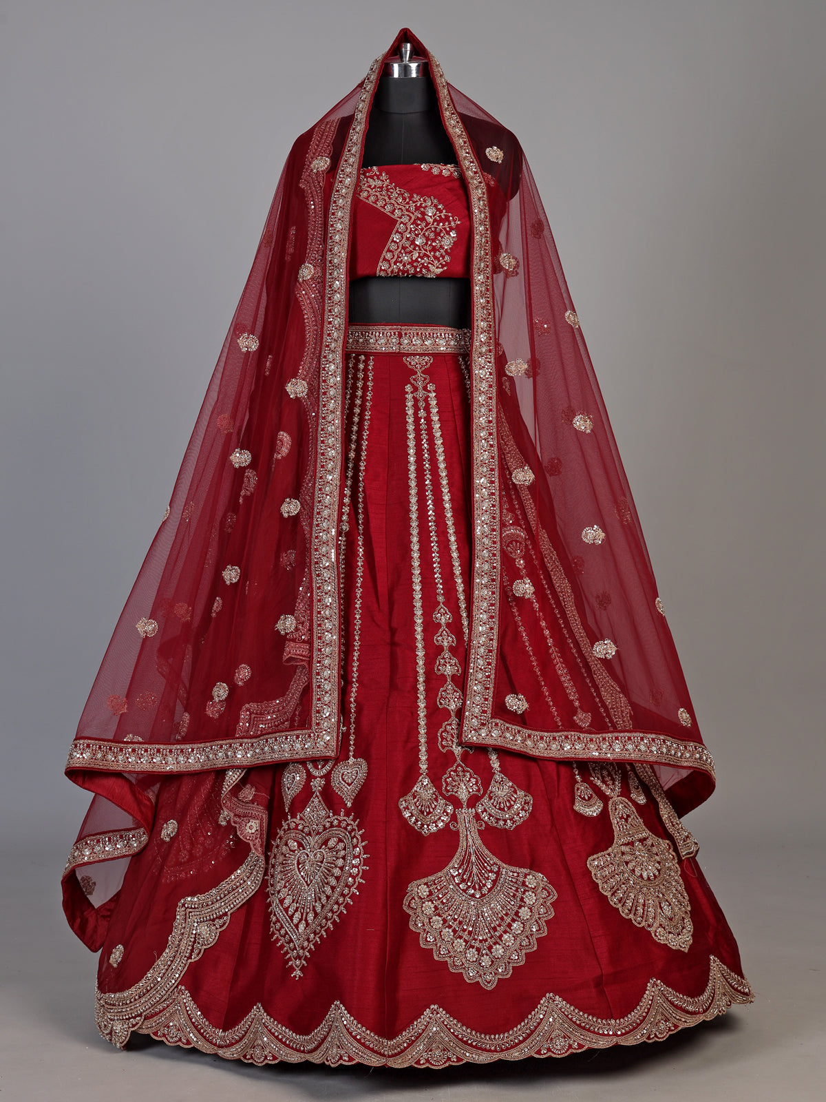 Maroon raw silk unstitched lehenga choli with resham double dupattas