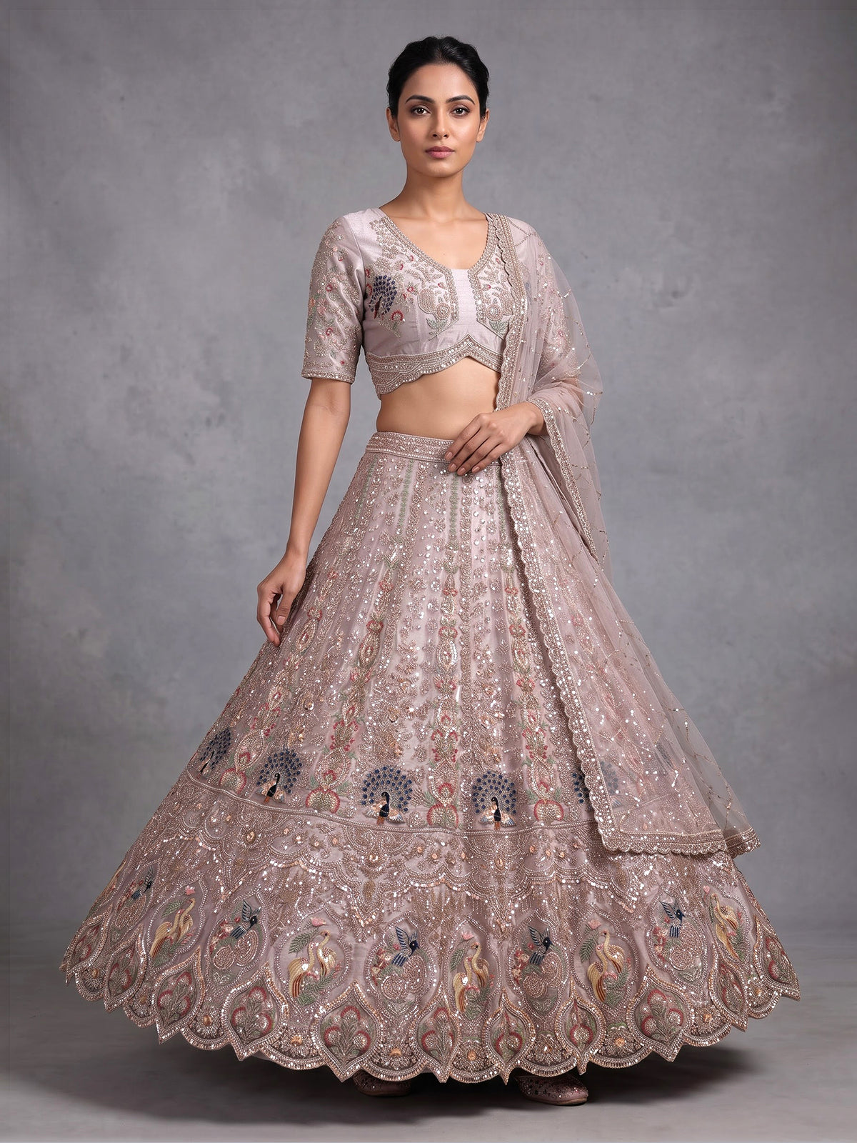 Dusty pink tissue organza unstitched lehenga choli with bird motifs