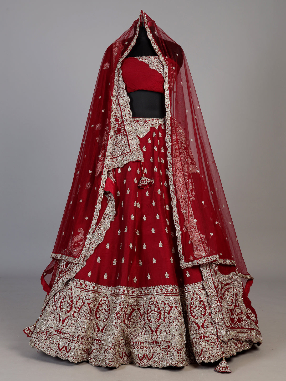 Maroon raw silk unstitched lehenga choli with exquisite butti work