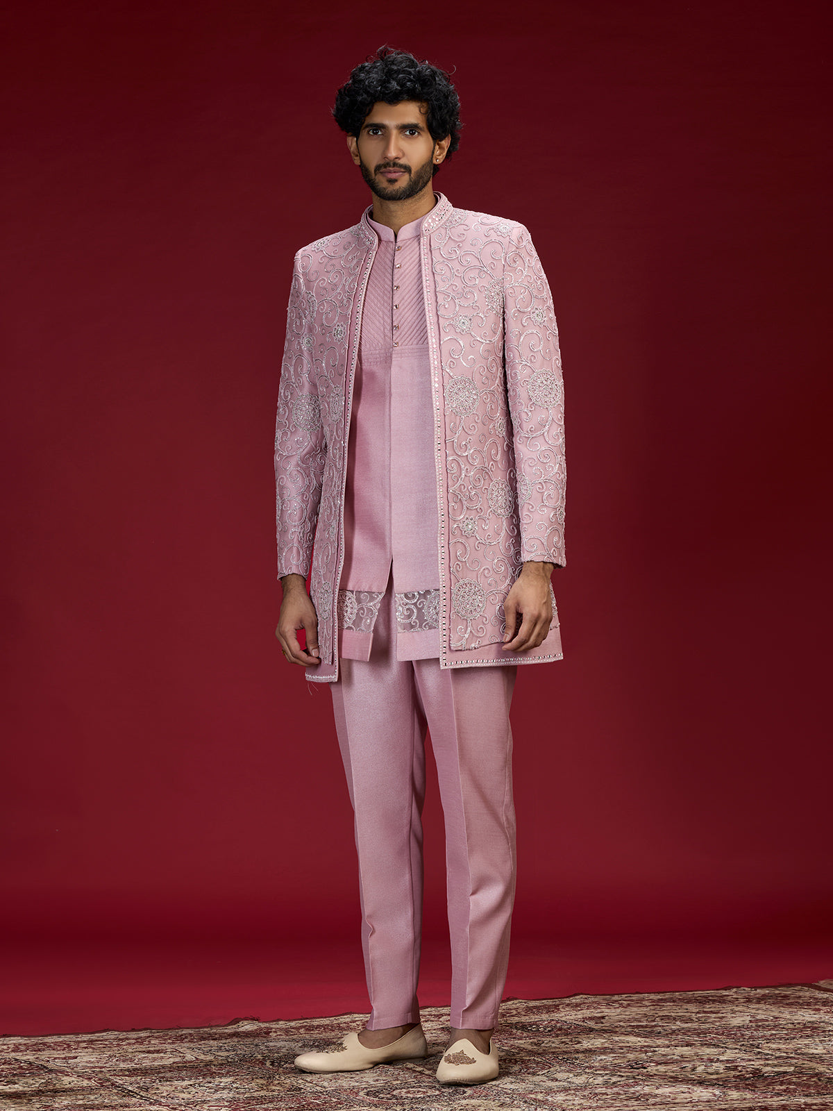 Pink medallion embroidered indo western for men