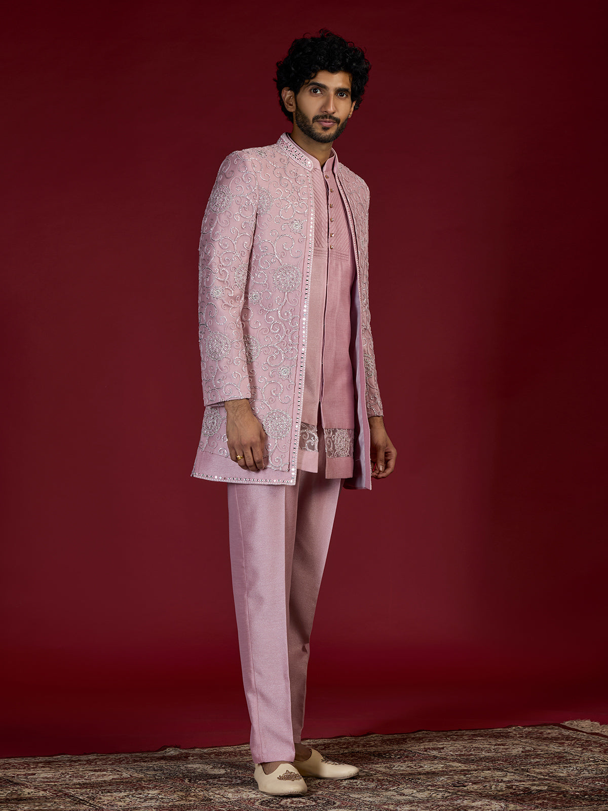 Pink medallion embroidered indo western for men
