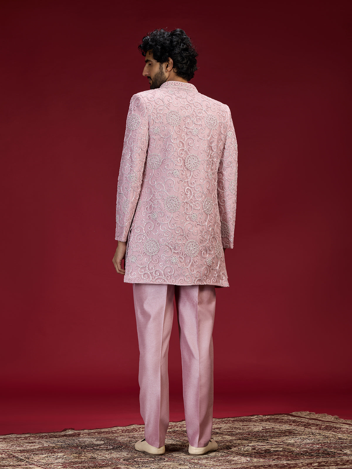Pink medallion embroidered indo western for men