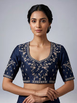 Navy silk blend unstitched lehenga choli with sparkling embellishments