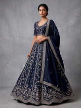 Navy silk blend unstitched lehenga choli with sparkling embellishments