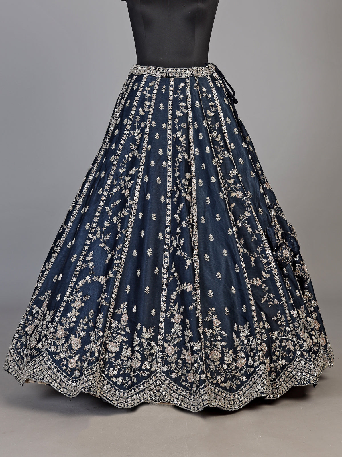 Navy silk blend unstitched lehenga choli with sparkling embellishments