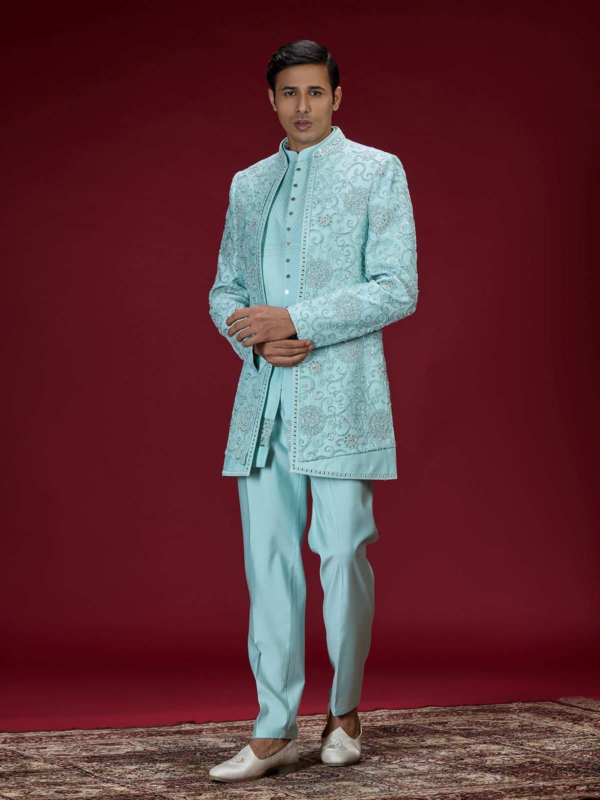 Sky blue heritage embroidered indo western for men