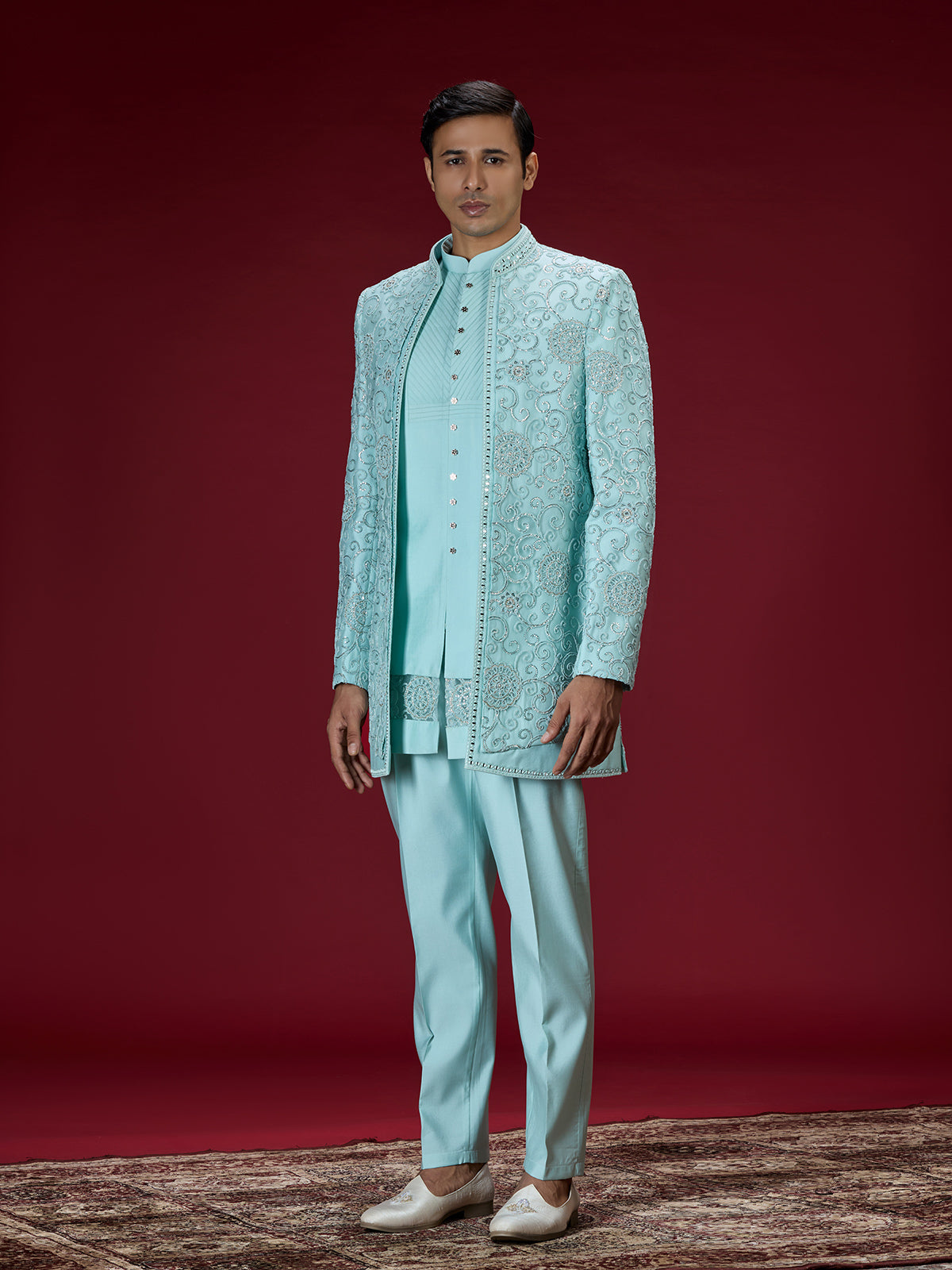 Sky blue heritage embroidered indo western for men