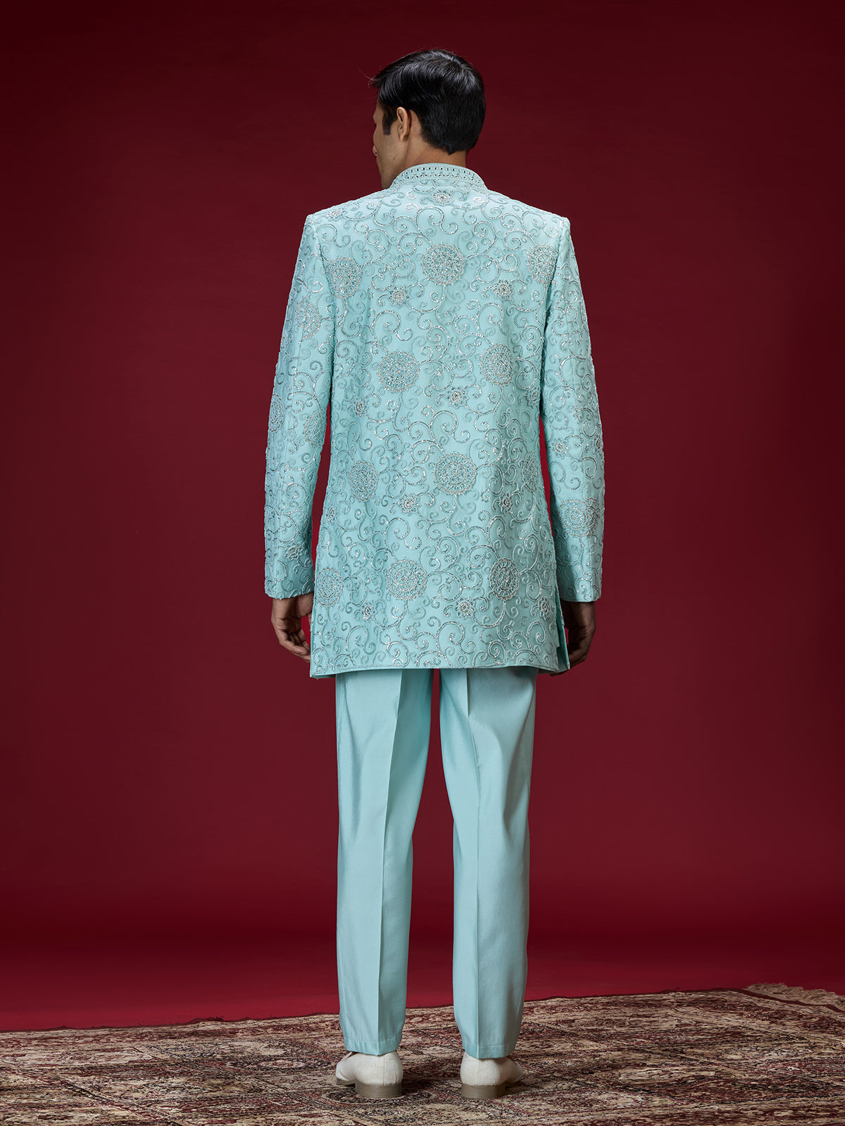 Sky blue heritage embroidered indo western for men