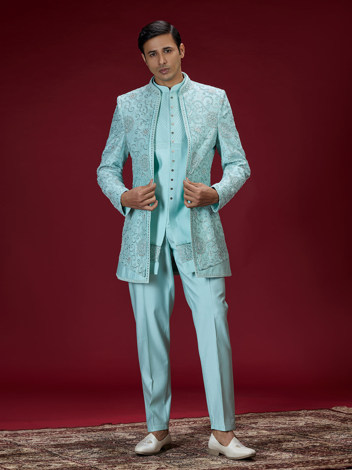 Sky blue heritage embroidered indo western for men