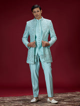 Sky blue heritage embroidered indo western for men
